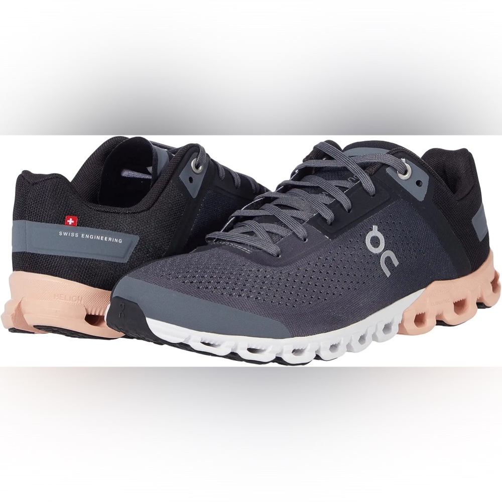 On Cloudflow Pink and Black Tennis Shoes